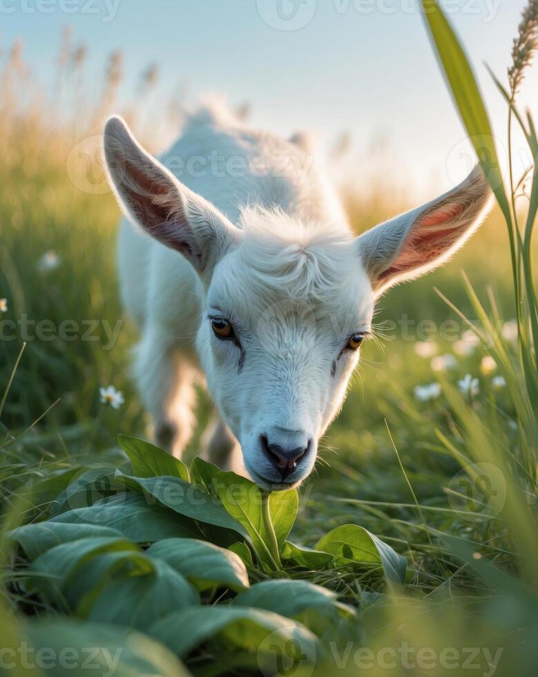 A small goat is eating grass in a field photo