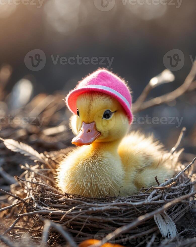 A baby duck wearing a pink hat sits in a nest photo