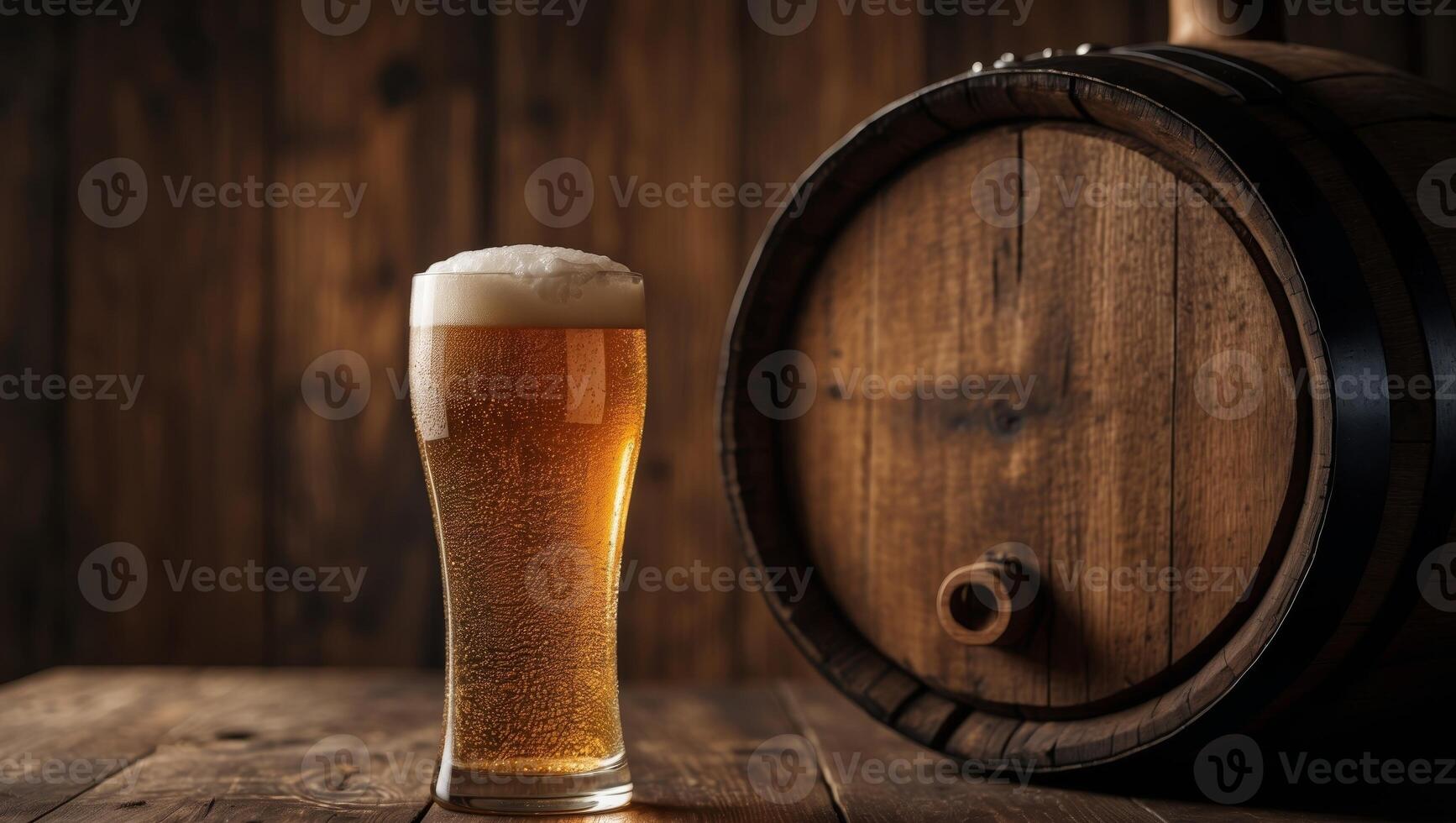 A glass of beer next to a barrel photo