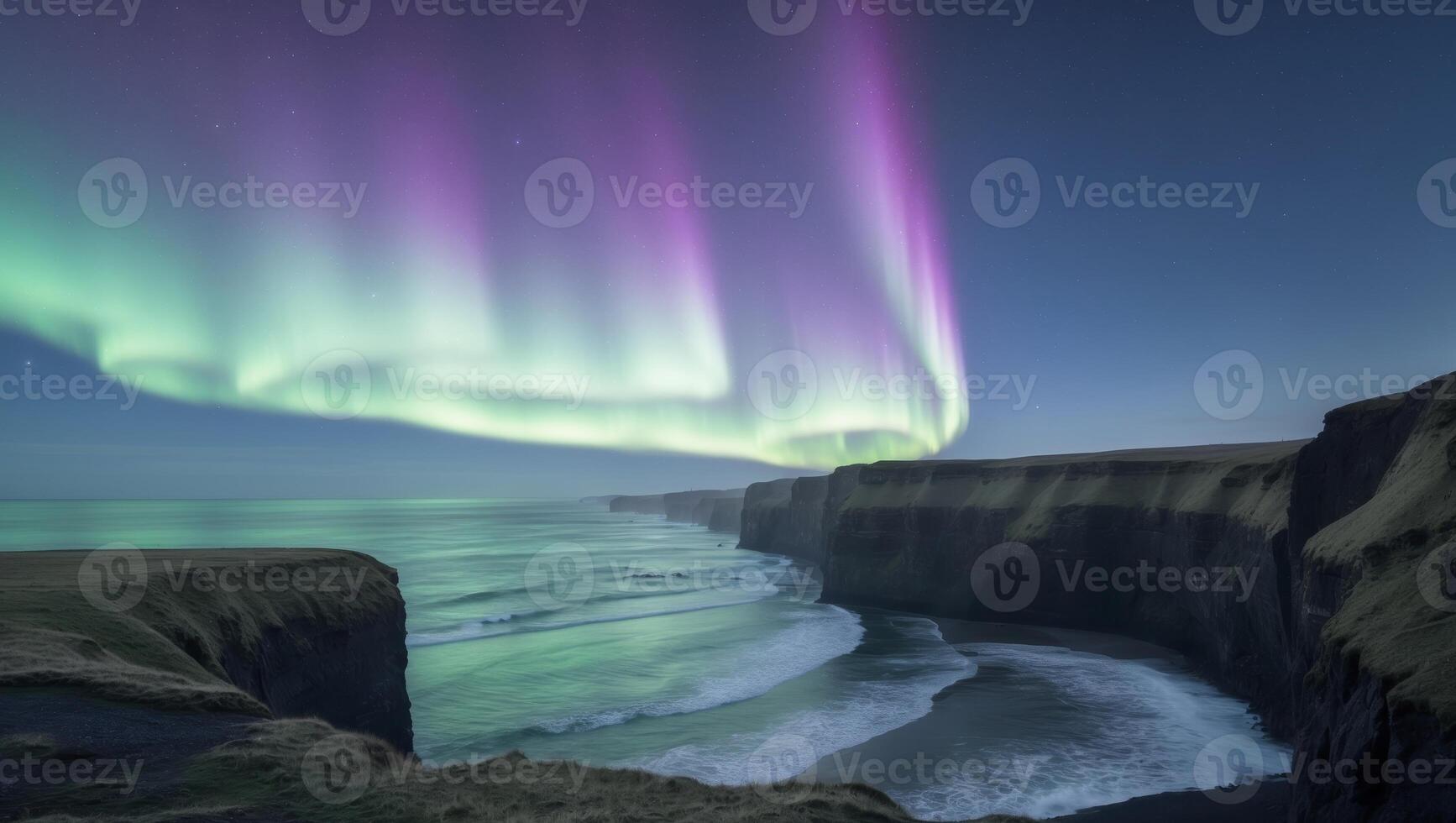 The aurora borealis over the cliffs of the faroe islands photo