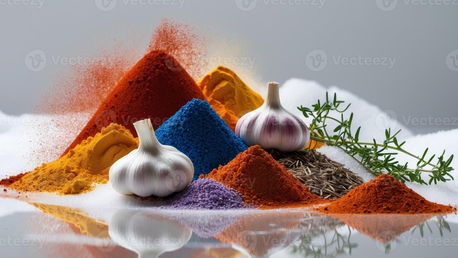 Various spices and herbs are arranged on a table photo