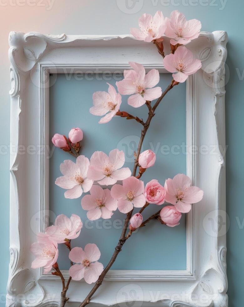 A white frame with pink flowers on it photo