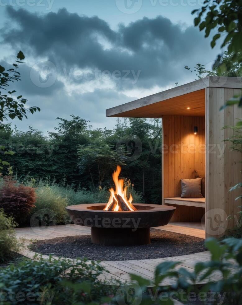 A fire pit in a wooden building with a bench photo