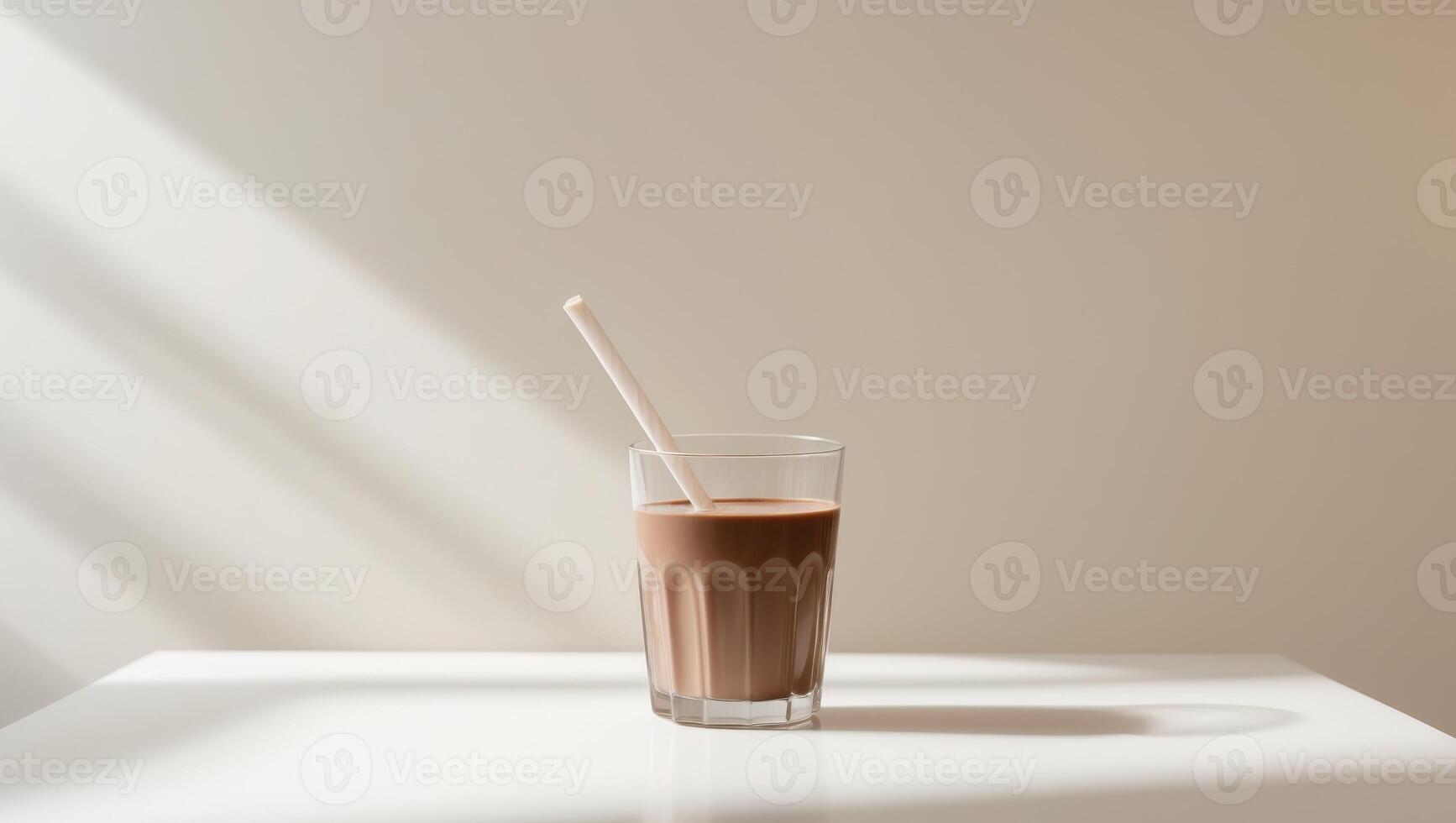 Glass of chocolate milk with a straw in it is on a table photo