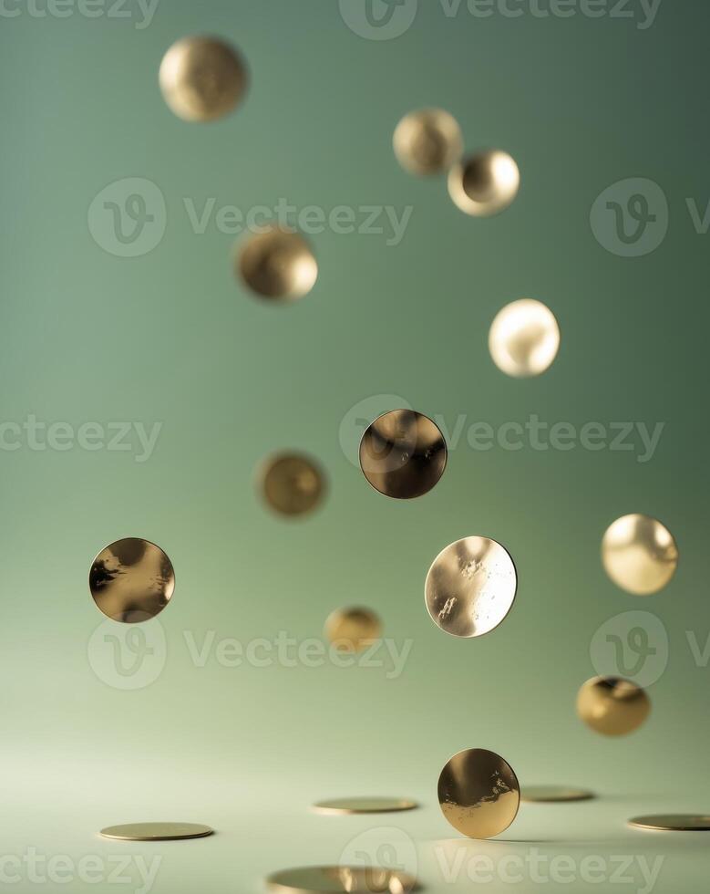 A green background with a bunch of gold circles photo