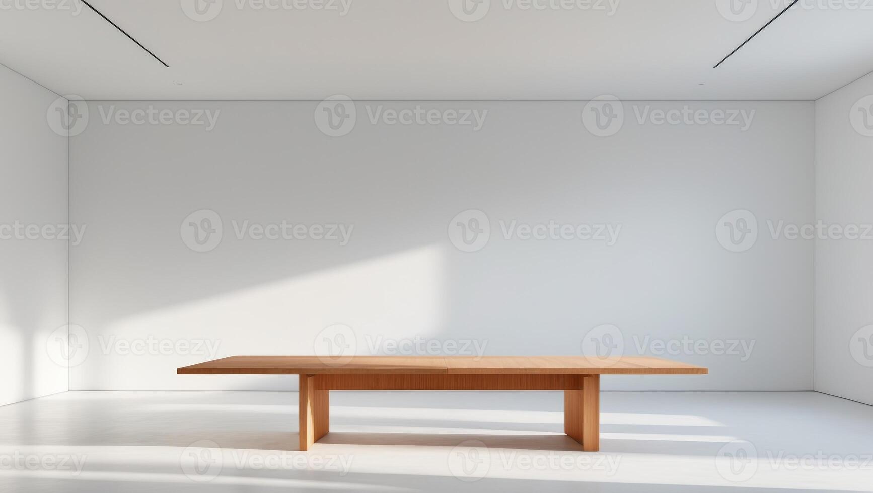 Empty room with white walls and wooden table photo