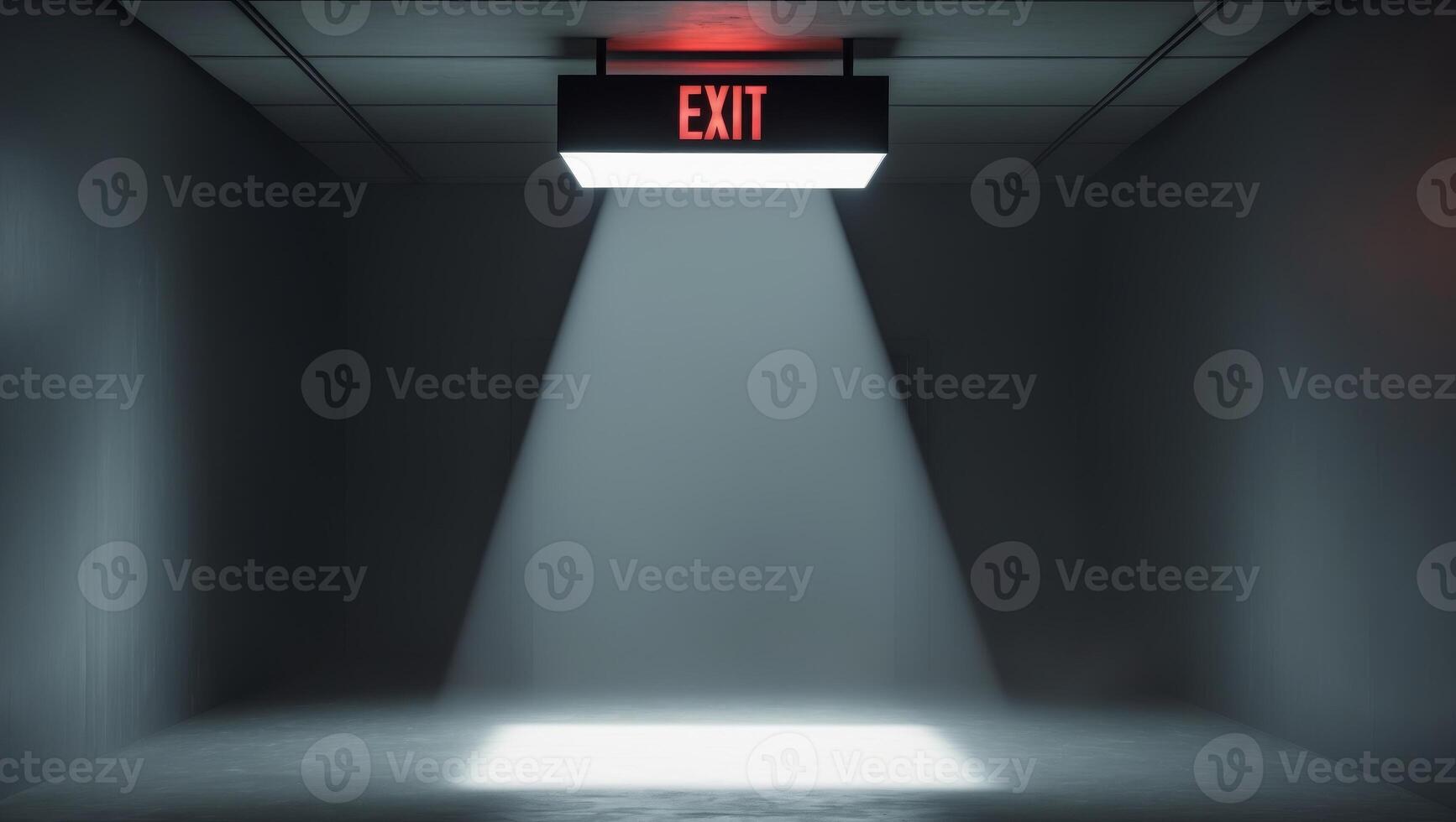 Exit sign in a dark hallway with dramatic lighting effect for ambiance photo