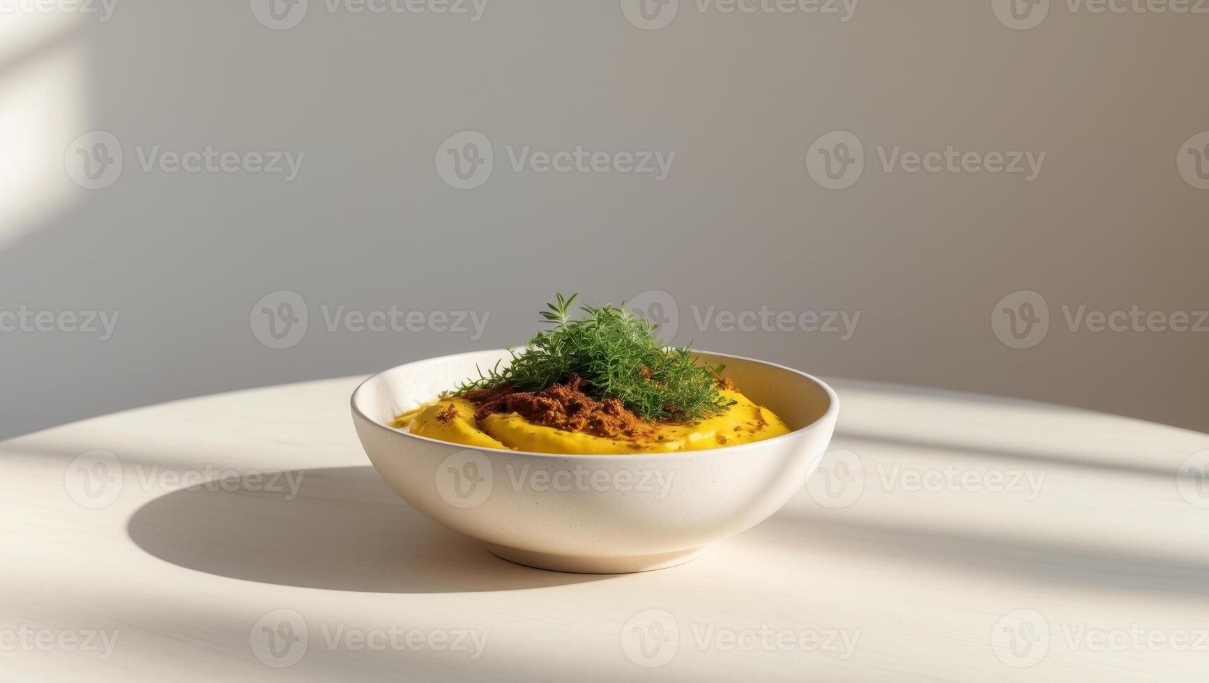 Bowl of yellow food with herbs and spices on a table photo