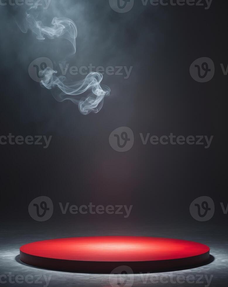 Dramatic Spotlight on Red Round Stage with Smoke and Dark Background photo