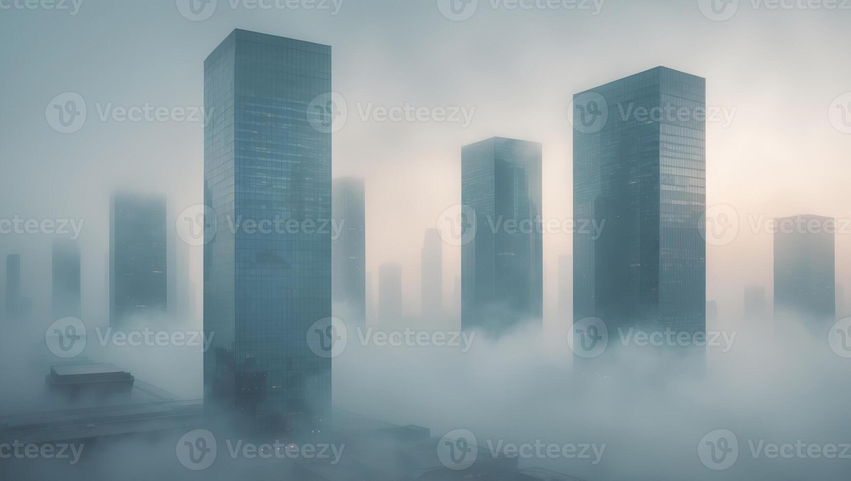 Futuristic Glass Facade of Skyscrapers Under Foggy Atmosphere photo