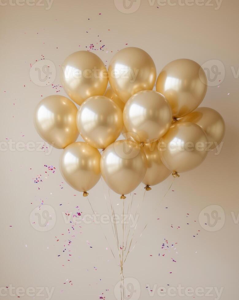 Golden Balloons with Confetti on Beige Background photo
