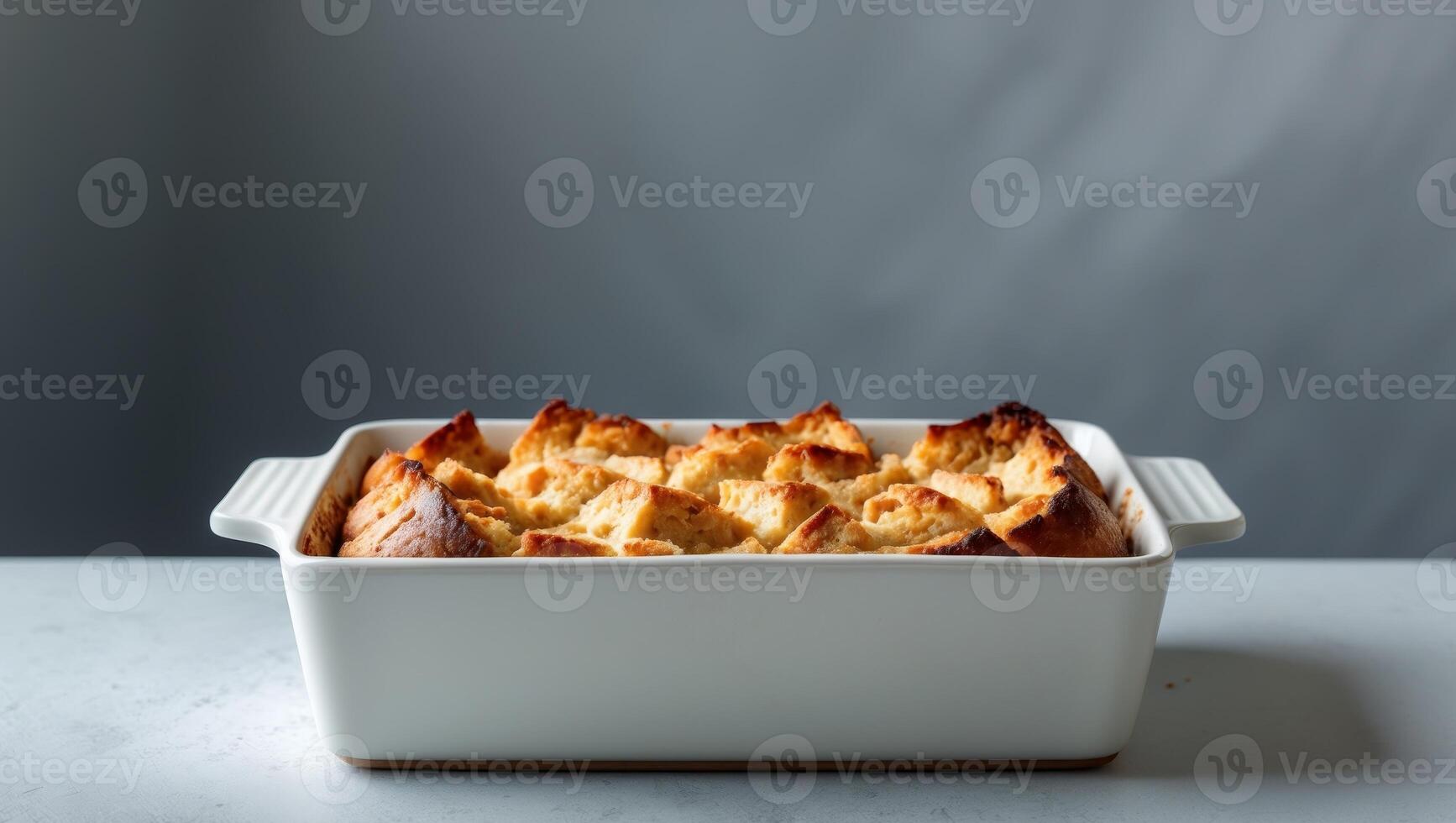 Bread pudding freshly baked in casserole on gray backdrop photo