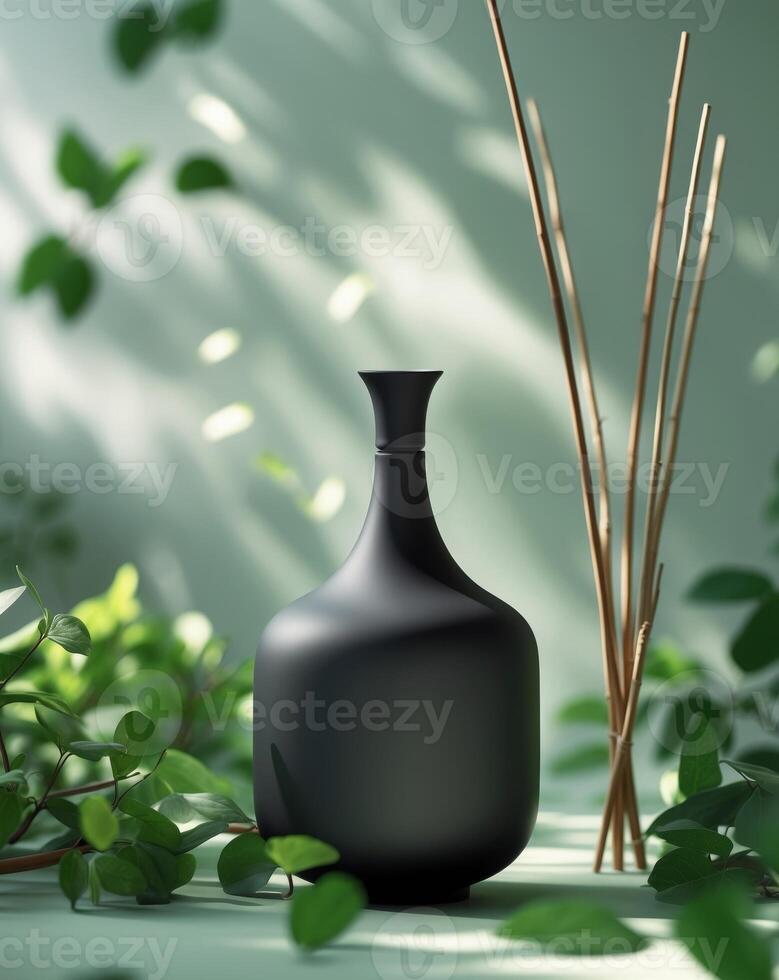 A black vase with sticks and leaves on a table photo