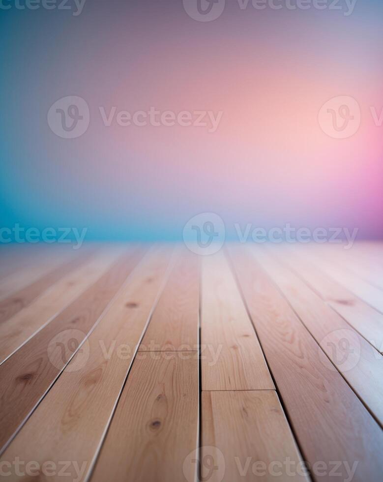 Wooden floor with blue and pink background photo