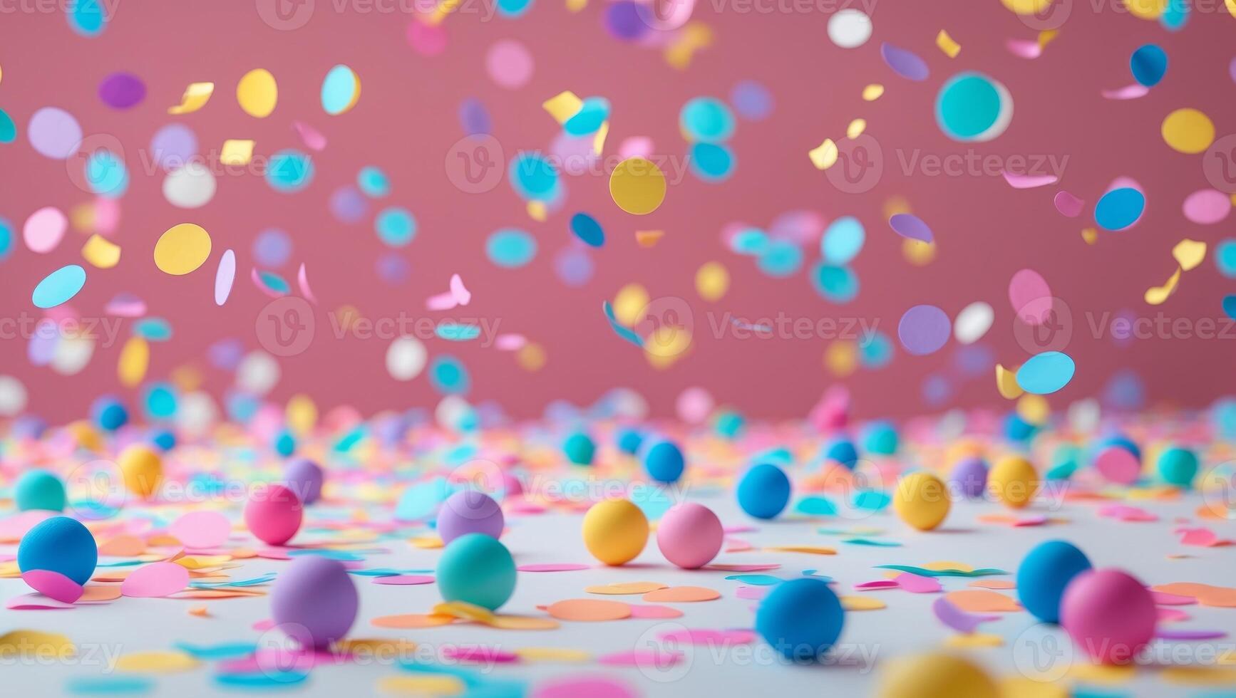 Colorful confetti falling on a table with colorful eggs photo