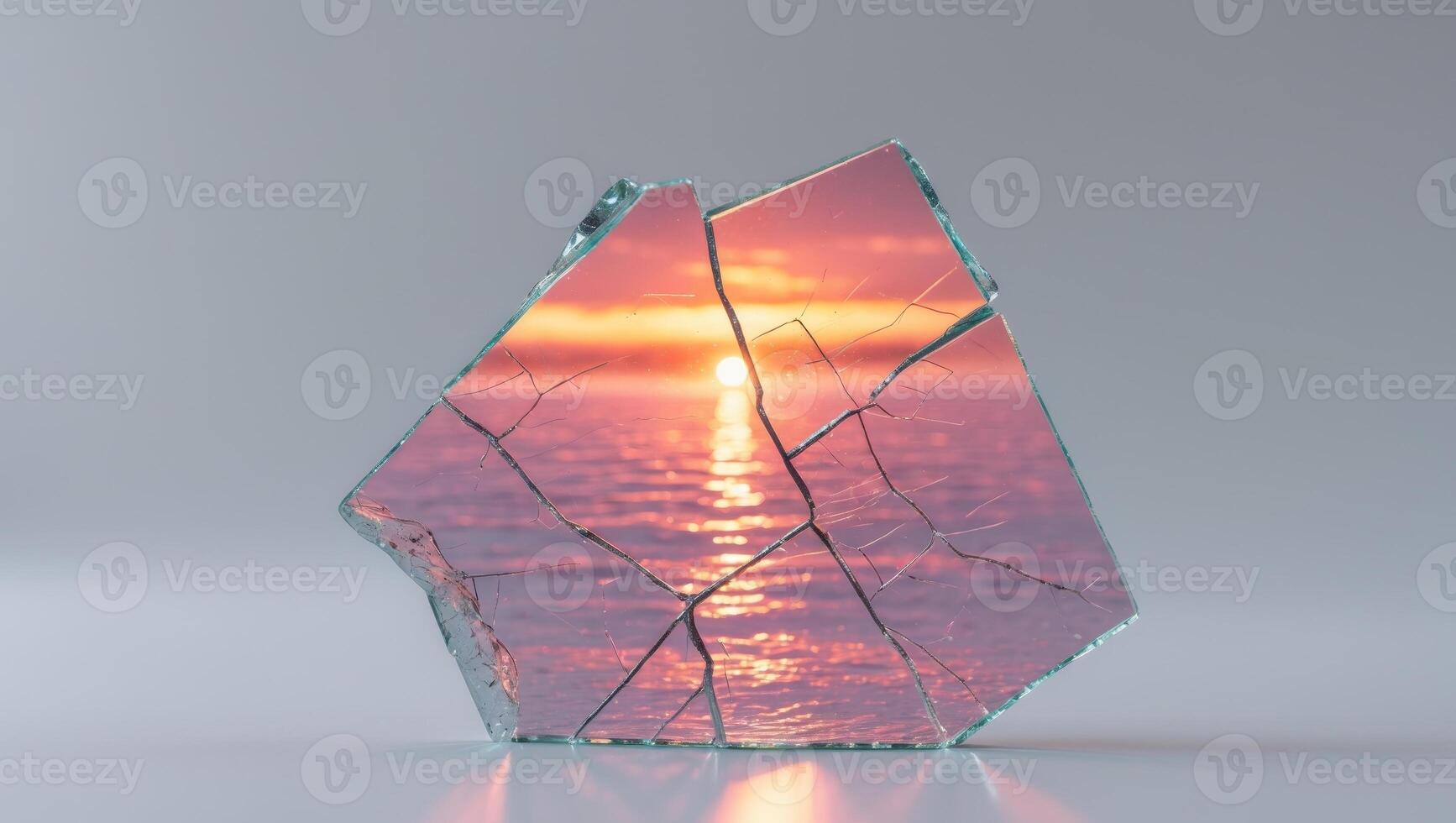 A broken piece of glass with a sunset in the background photo