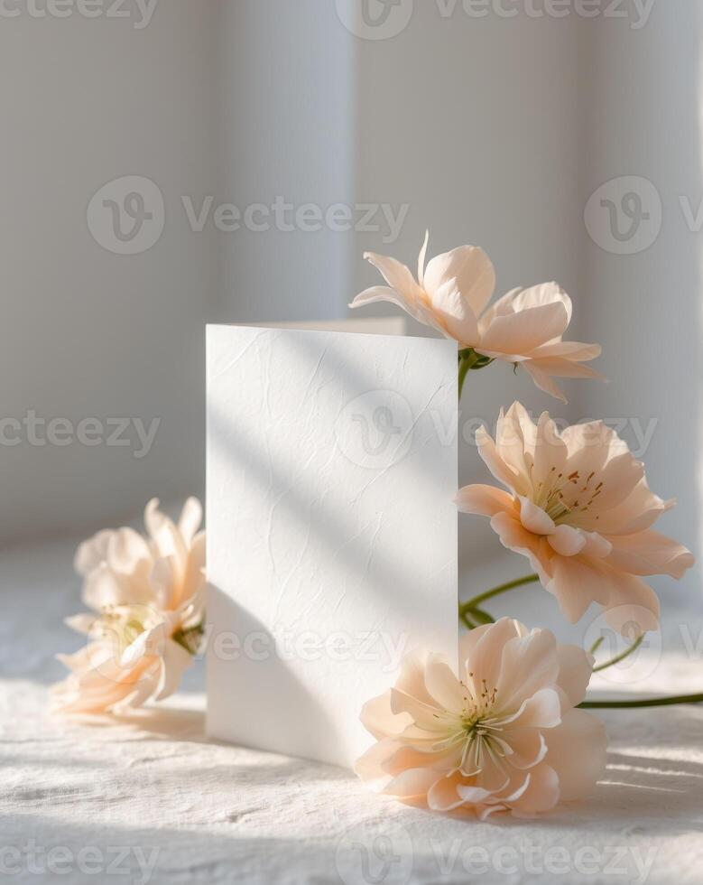 White card with pink flowers on a table photo