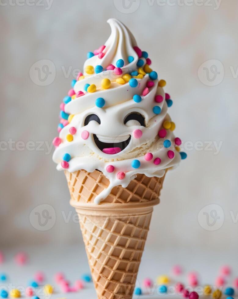 Cute Ice Cream Cone with Sprinkles and a Smile photo