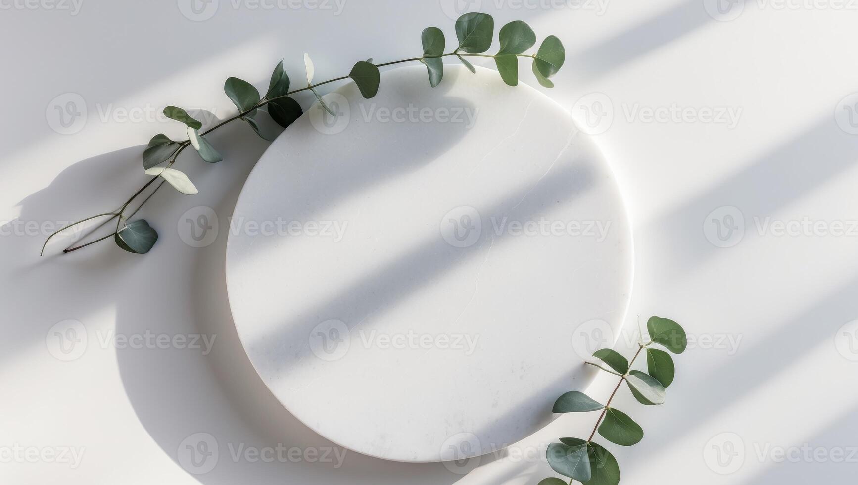 Blank White Marble Circle Decor with Eucalyptus photo