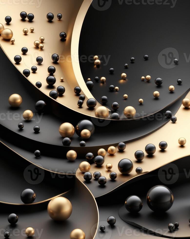 A black and gold background with a bunch of gold and black spheres photo