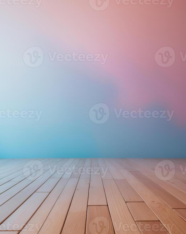 A wooden floor with a blurred colorful gradient background photo