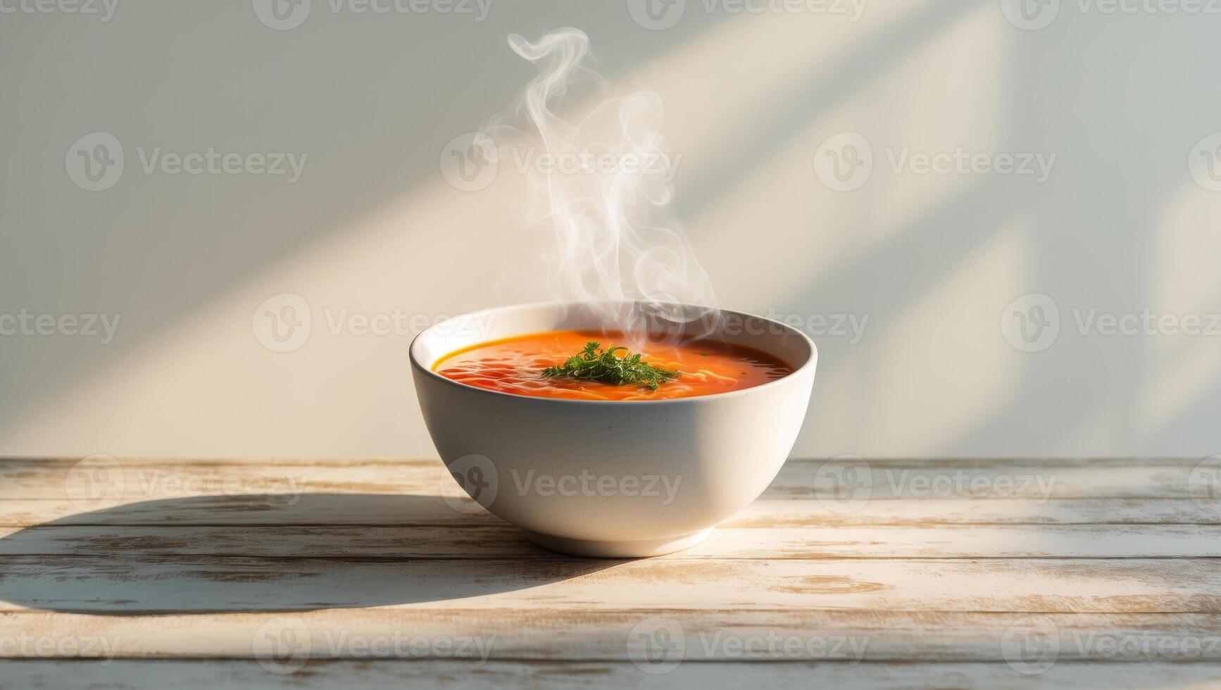 A bowl of hot soup sitting on a wooden table photo