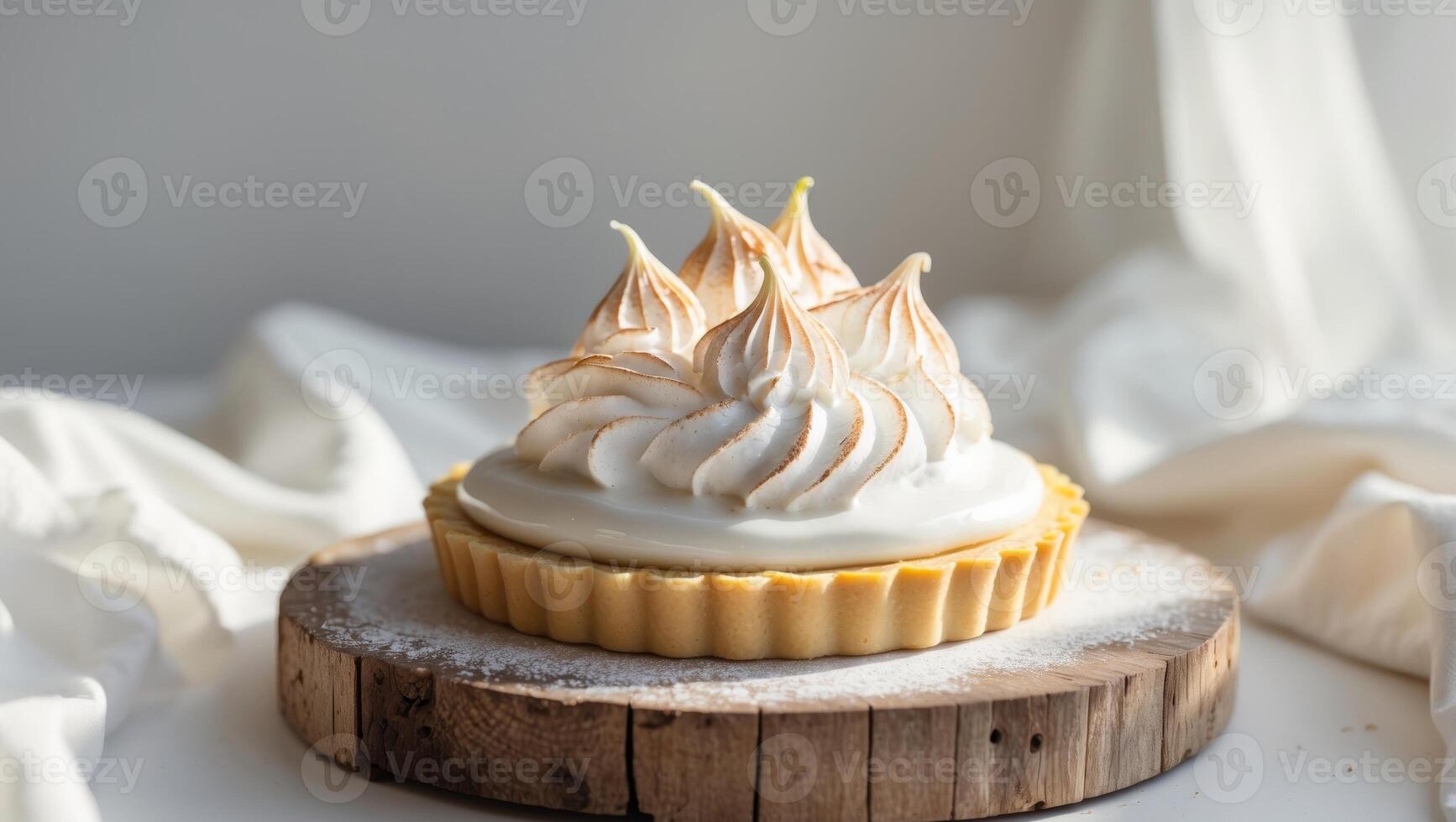 Delicious lemon tart with creamy filling and decorative meringue on a wooden board photo