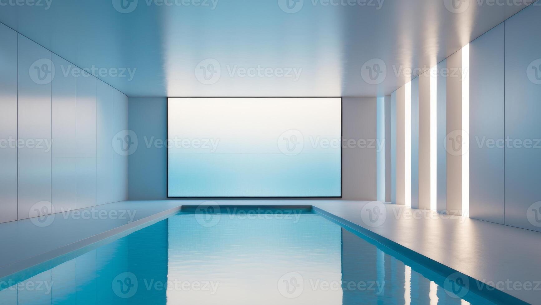 Futuristic room with a blue pool and a large screen photo
