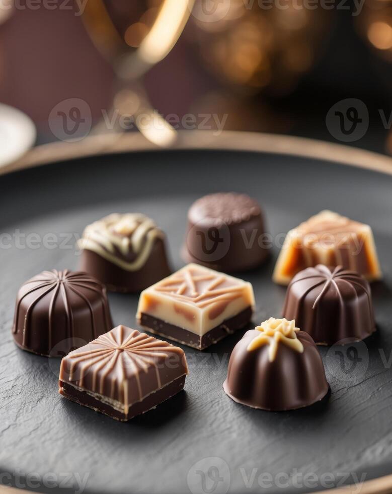 Gourmet Chocolates with Intricate Designs on Black Slate Plate - Perfect for Culinary Inspiration photo