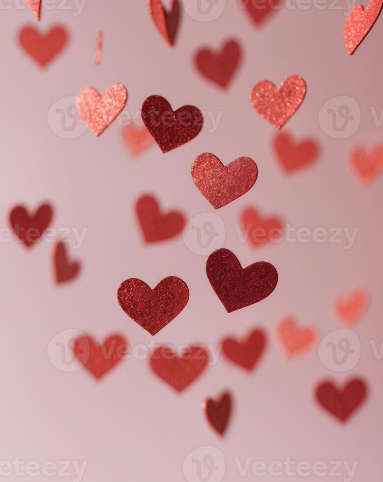 Glittery Red Hearts on a Soft Pink Background Capturing Love and Affection photo