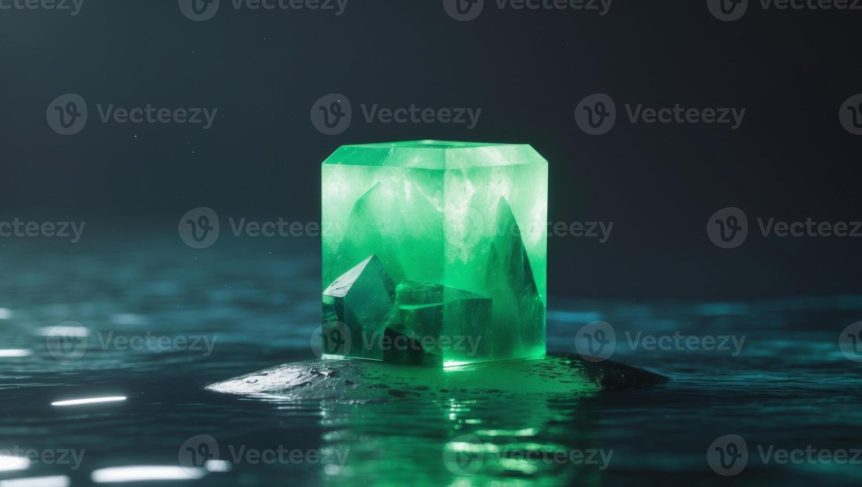 Glowing green crystal block on dark underwater surface photo
