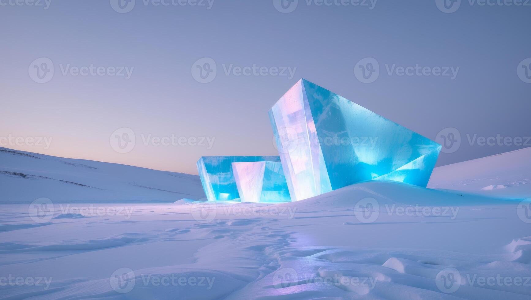 Futuristic icy landscape with glowing structures photo