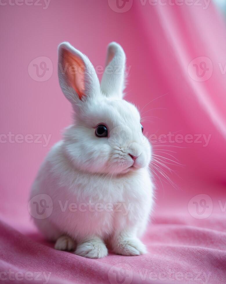 Cute white rabbit sitting on a pink background with soft lighting during daytime photo