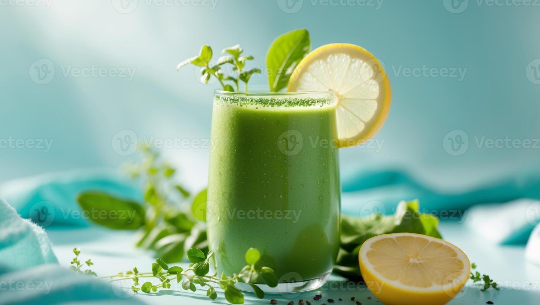 Fresh Green Smoothie with Lemon and Herbs on Aqua Background photo