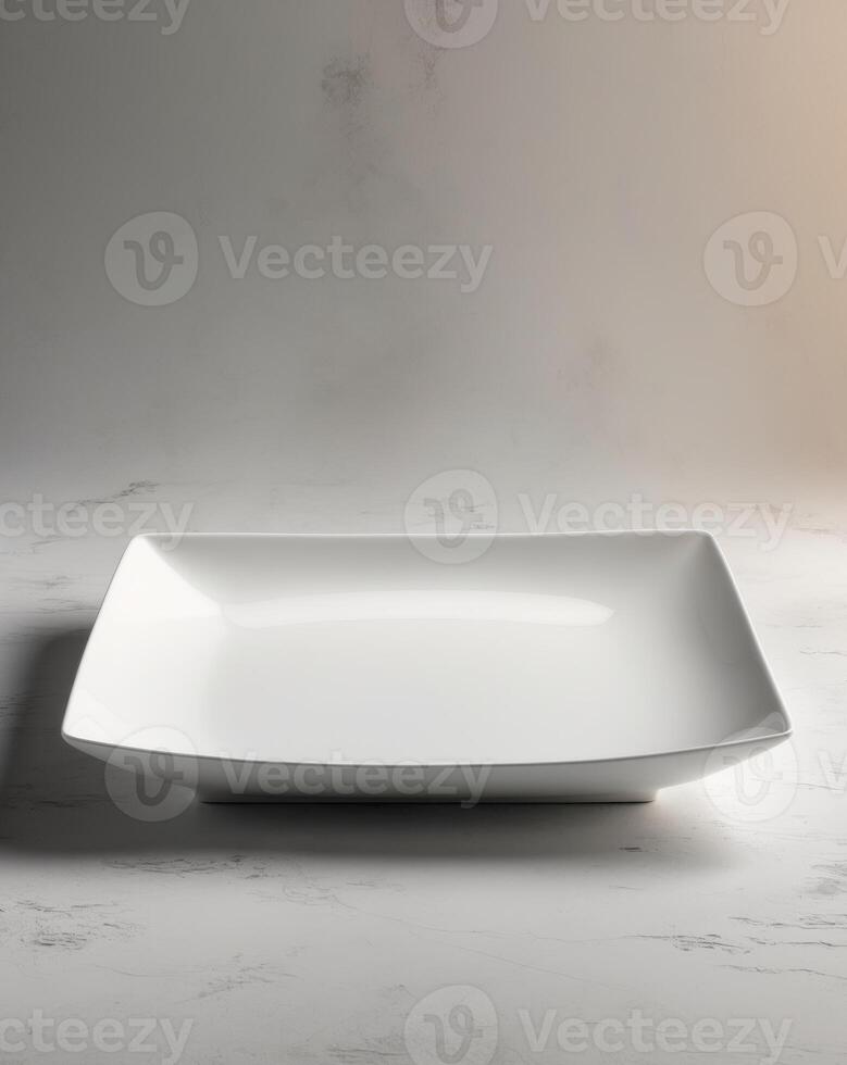 Elegant White Rectangular Plate on Gray Background for Culinary Presentation photo