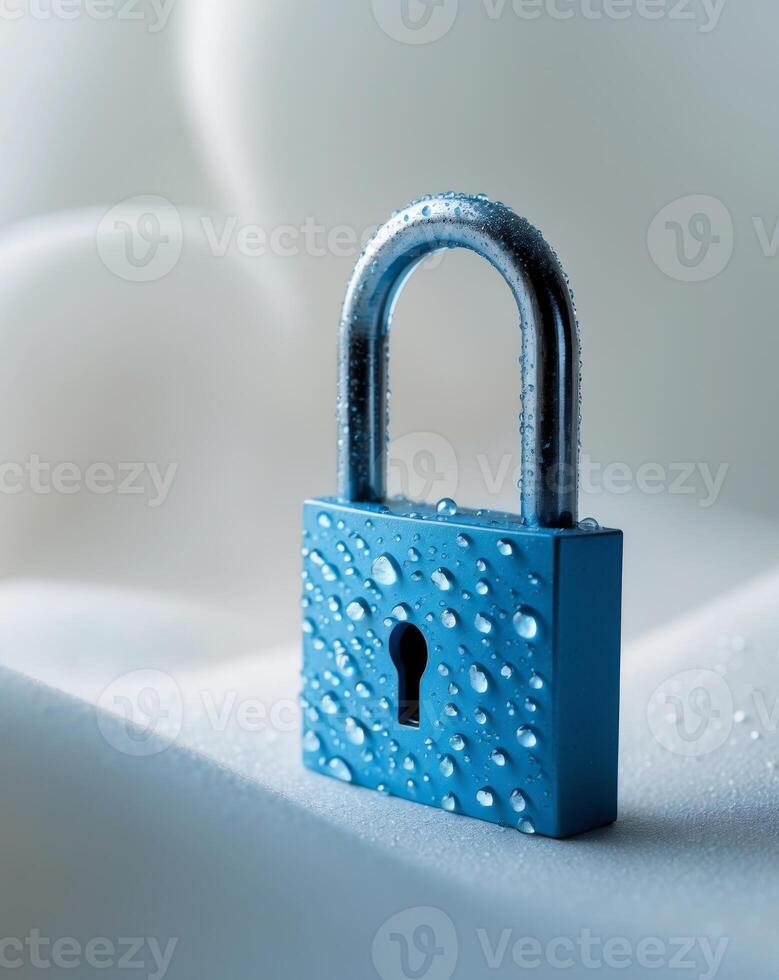 Blue Padlock with Water Droplets on a Soft Background for Security Concept photo