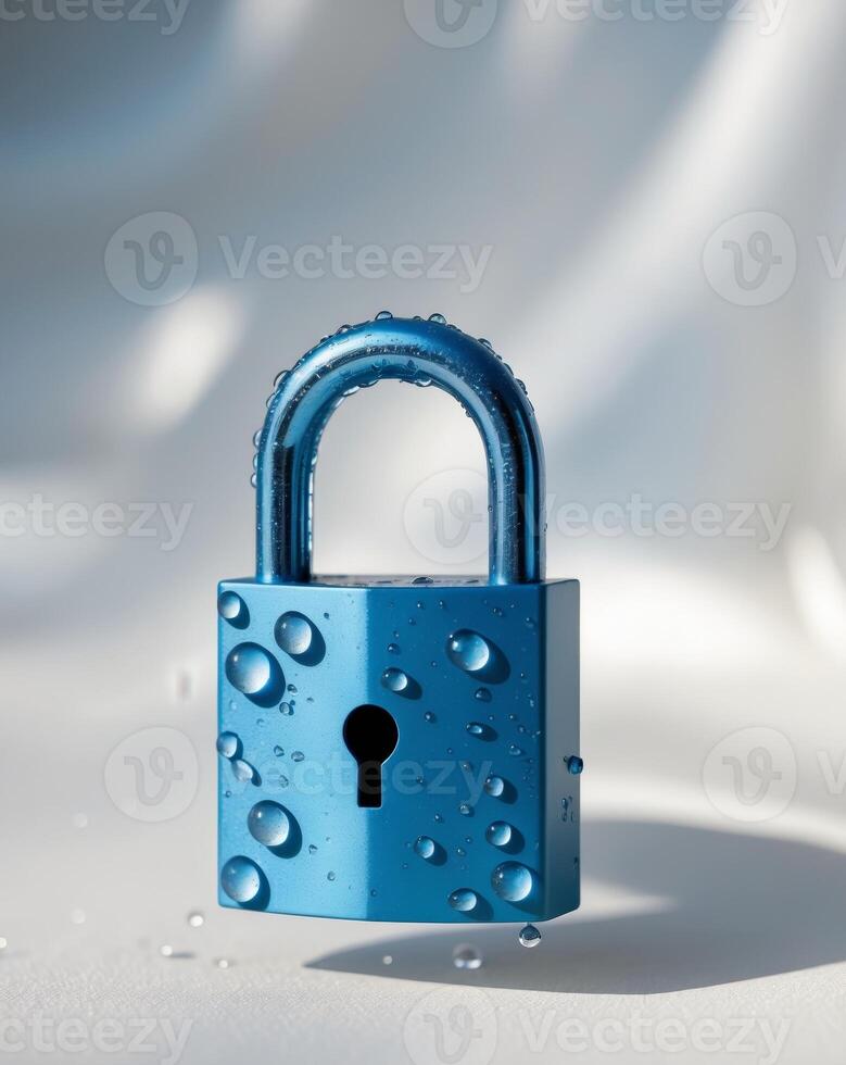Blue Padlock with Water Droplets on a Soft Background for Security Concept photo