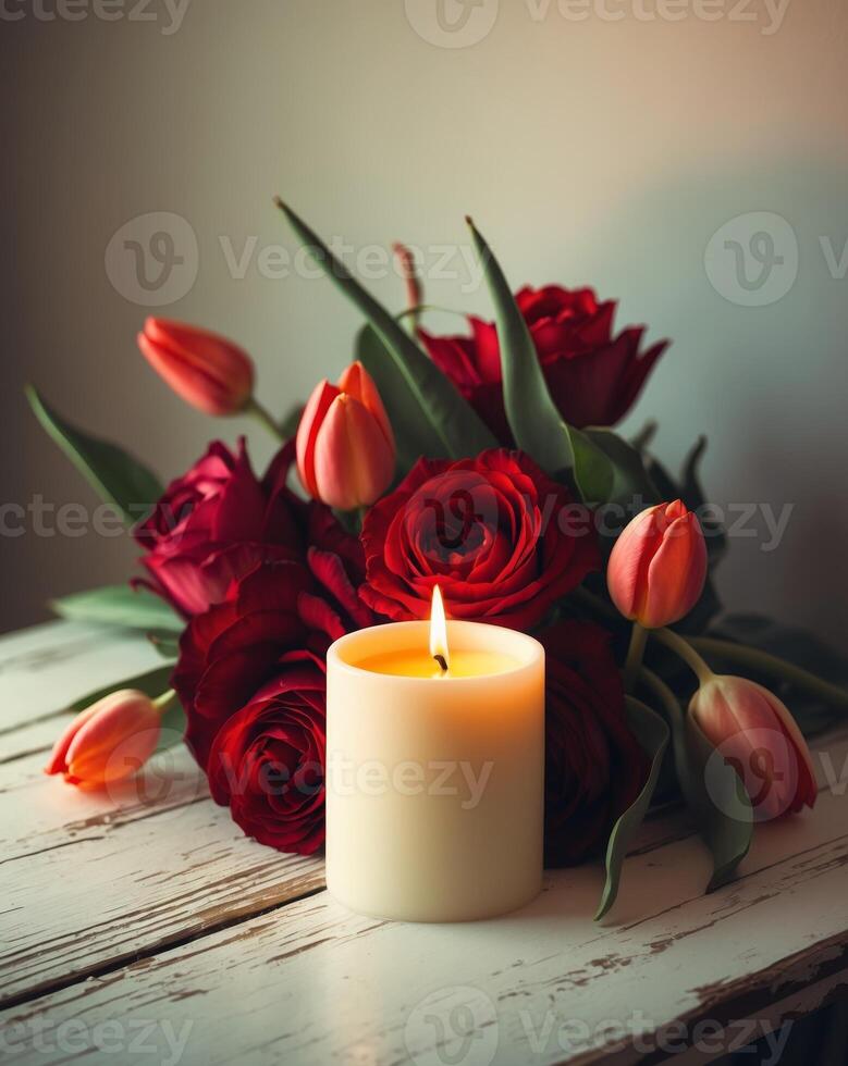A Single Candle Burns Brightly Beside a Bouquet of Red Flowers on a Wooden Tabletop photo