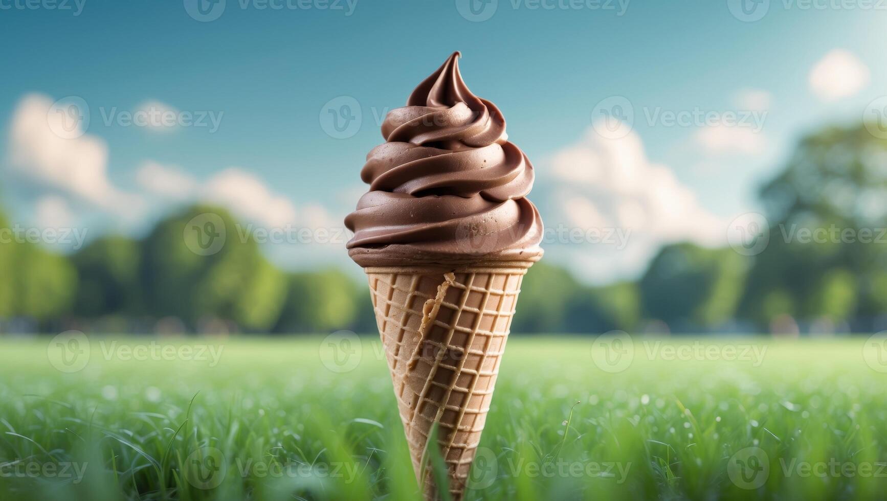 a delicious chocolate mousse ice cream cone on a sunny day in a tranquil park setting photo