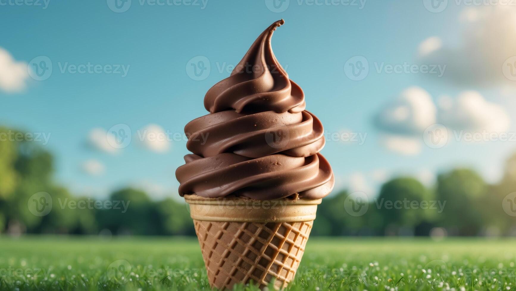 a delicious chocolate mousse ice cream cone on a sunny day in a tranquil park setting photo