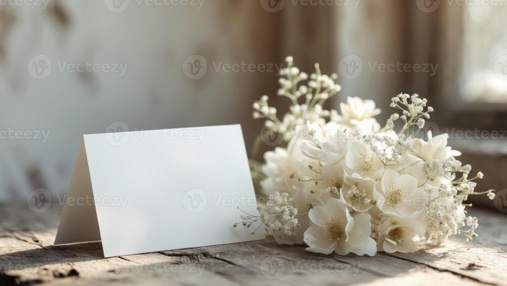 Blank card beside white flowers on wooden table during daytime in a casual setting photo