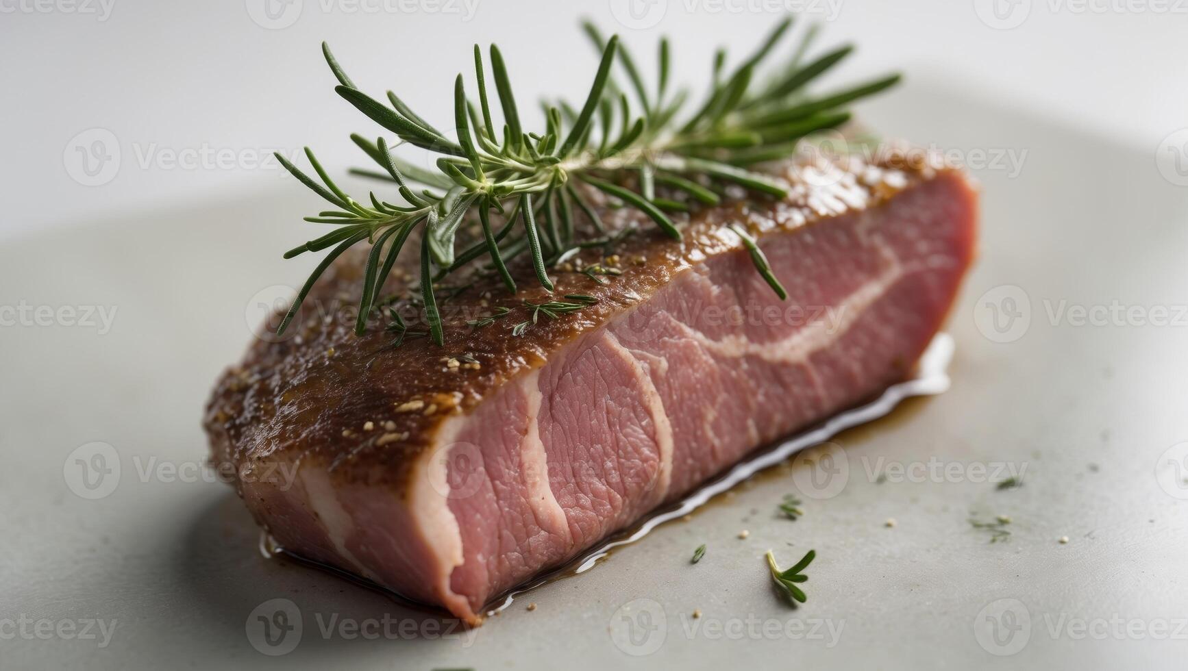 a piece of meat with a sprig of rosemary photo