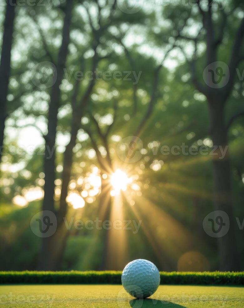 a golf ball on a vibrant green putting green with sunlight streaming through trees in the background photo