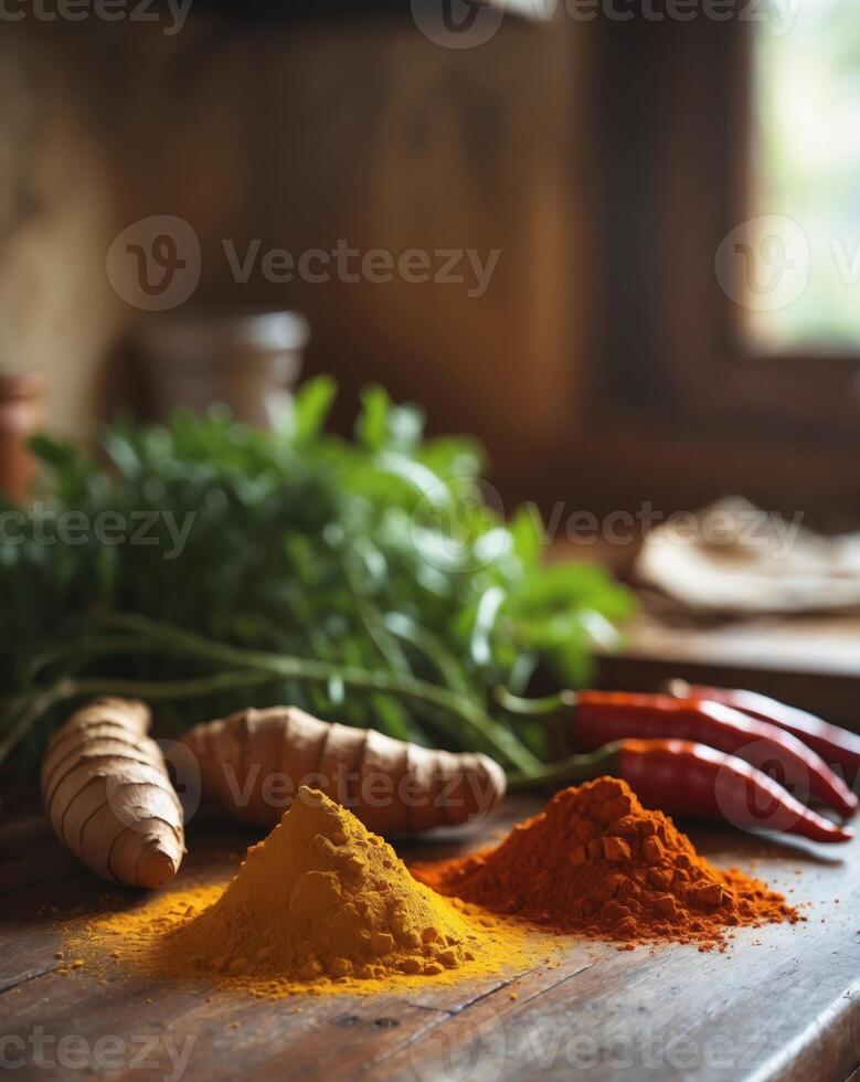 Fresh Turmeric and Chili Spices on Rustic Kitchen Counter photo