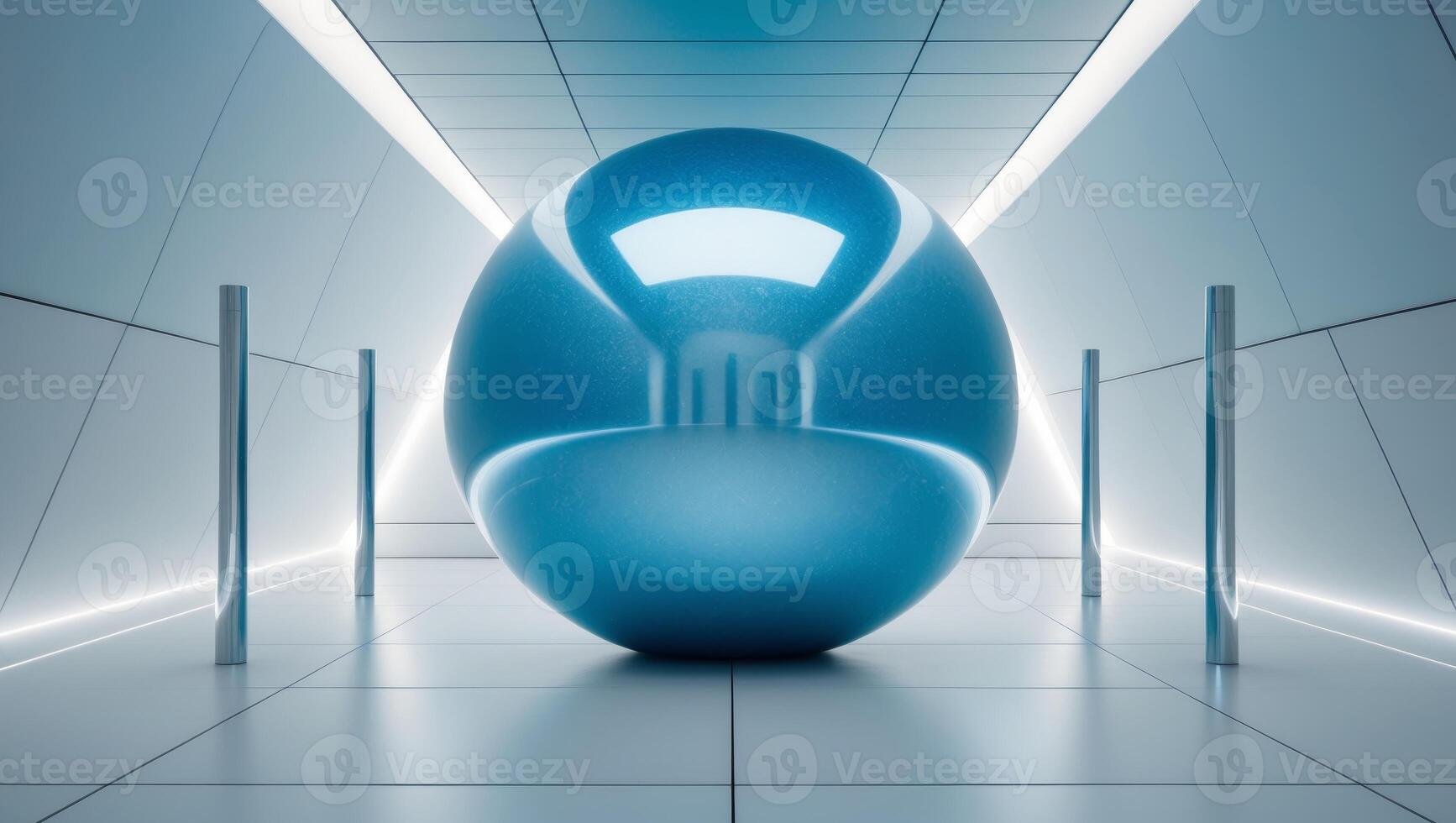 Futuristic room with a large blue sphere in the center photo