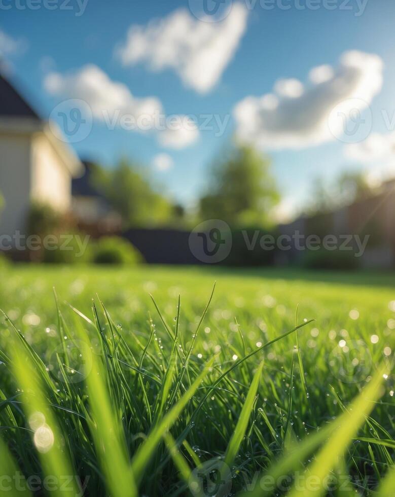A sunny day highlighting lush green grass in a residential backyard photo