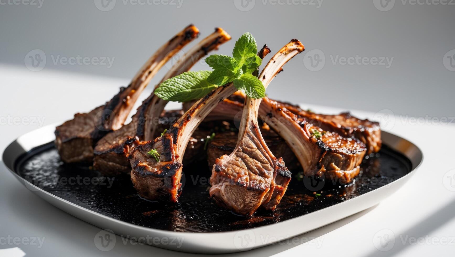 Delicious grilled lamb chops presented on a sizzling platter with mint garnish photo