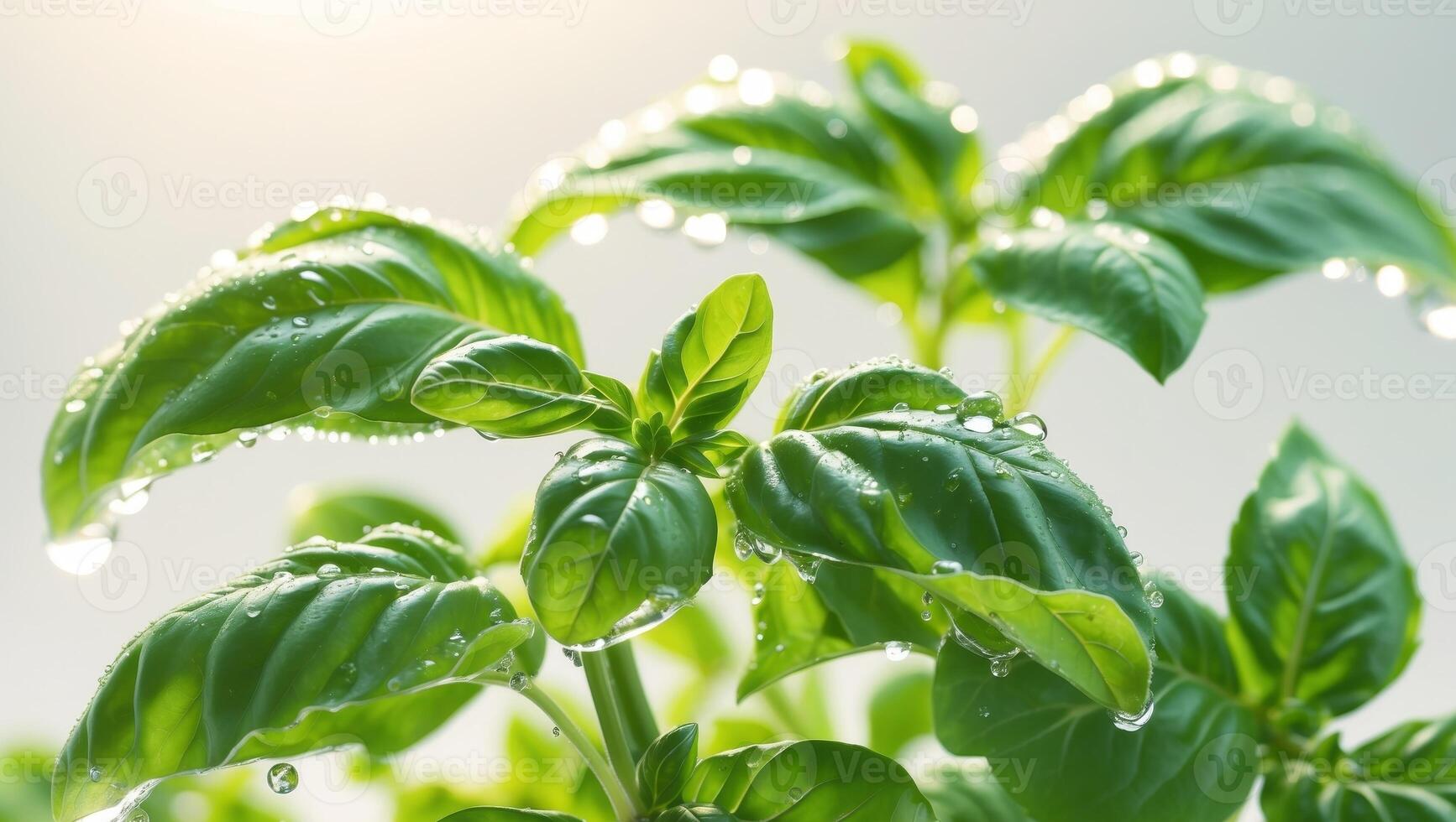 Fresh green basil leaves with water droplets in natural light photo