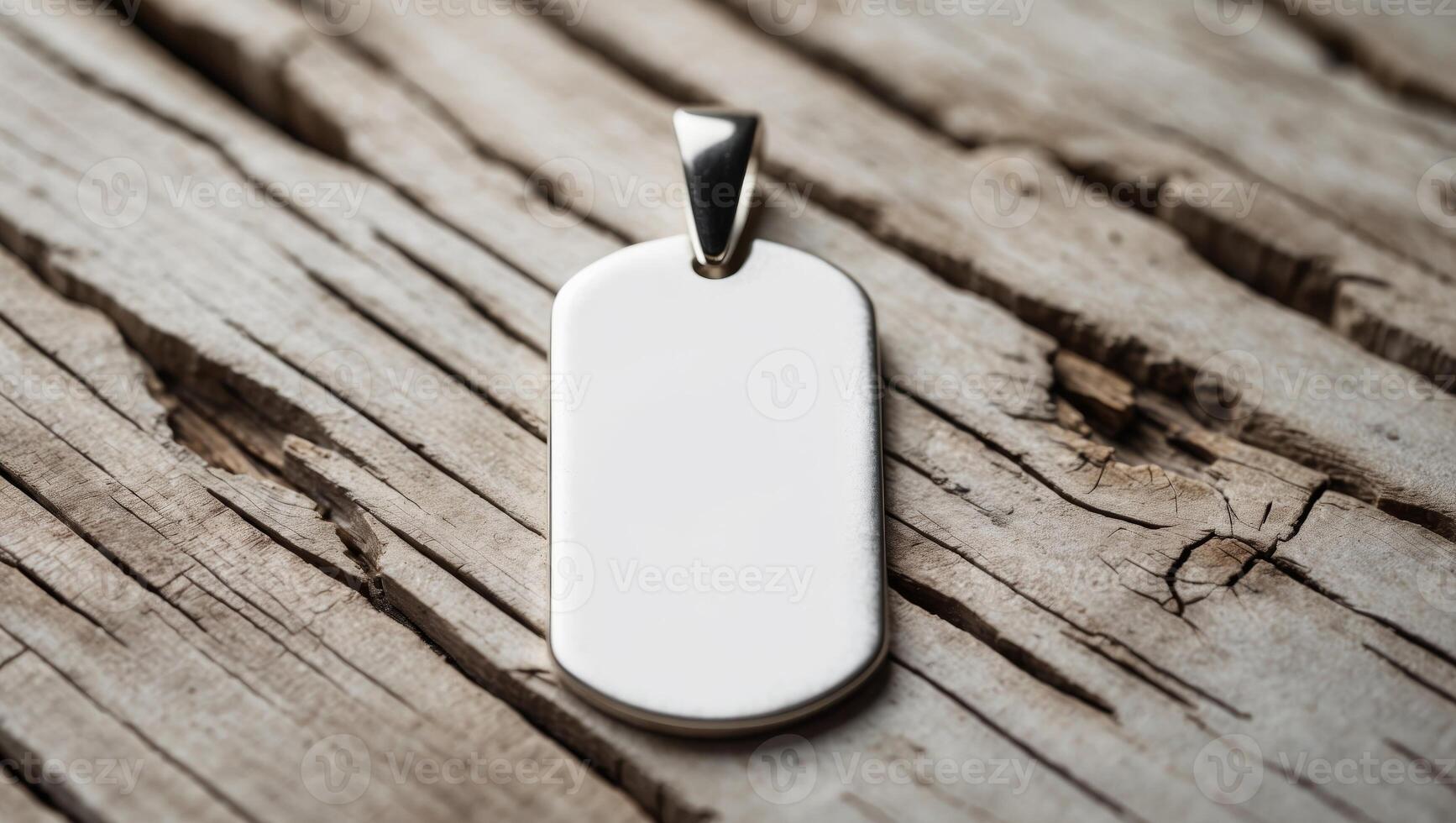 Blank Metal Tag Pendant on Rustic Wooden Background photo