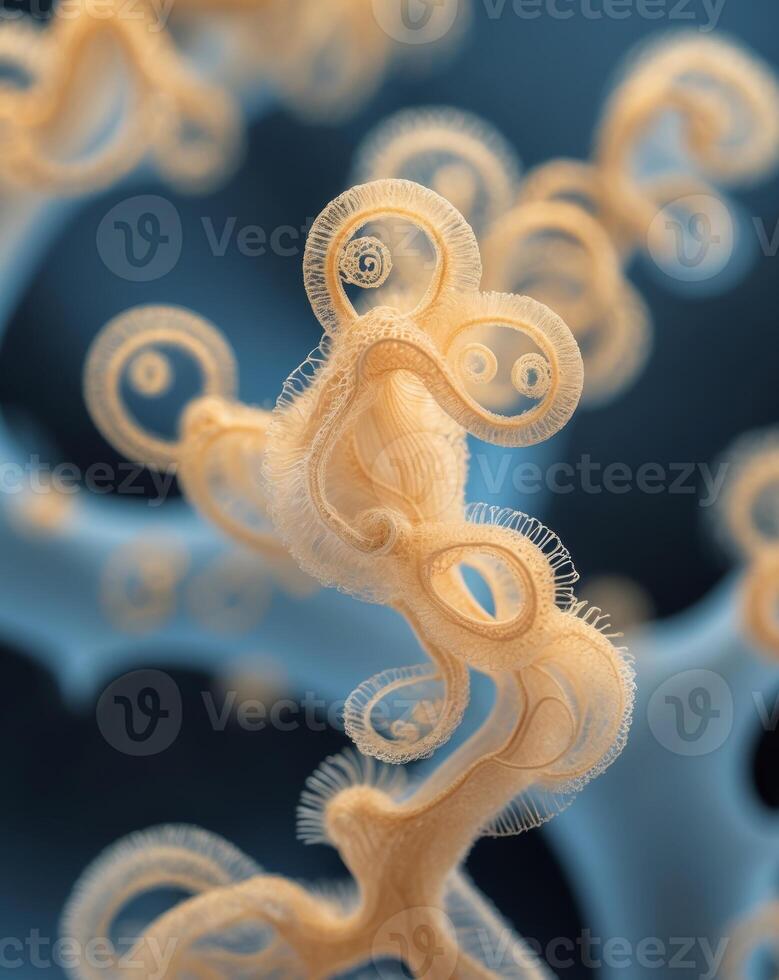 Abstract microscopic image of marine microorganisms with golden and blue hues in their unique structures photo